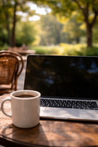 A view looking just over the top of an open laptop screen resting on a wooden cafe table, with a coffee cup in the foreground and a softly blurred green park in the background.
