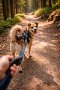 A first-person perspective looking down a sunlit dirt trail, showing a happy mixed-breed dog walking just ahead at the end of a leash.