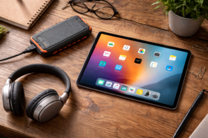 A casual, top-down shot of a desk showing a sleek tablet lying flat, next to a rugged power bank and some wireless headphones that look like they were just set down.