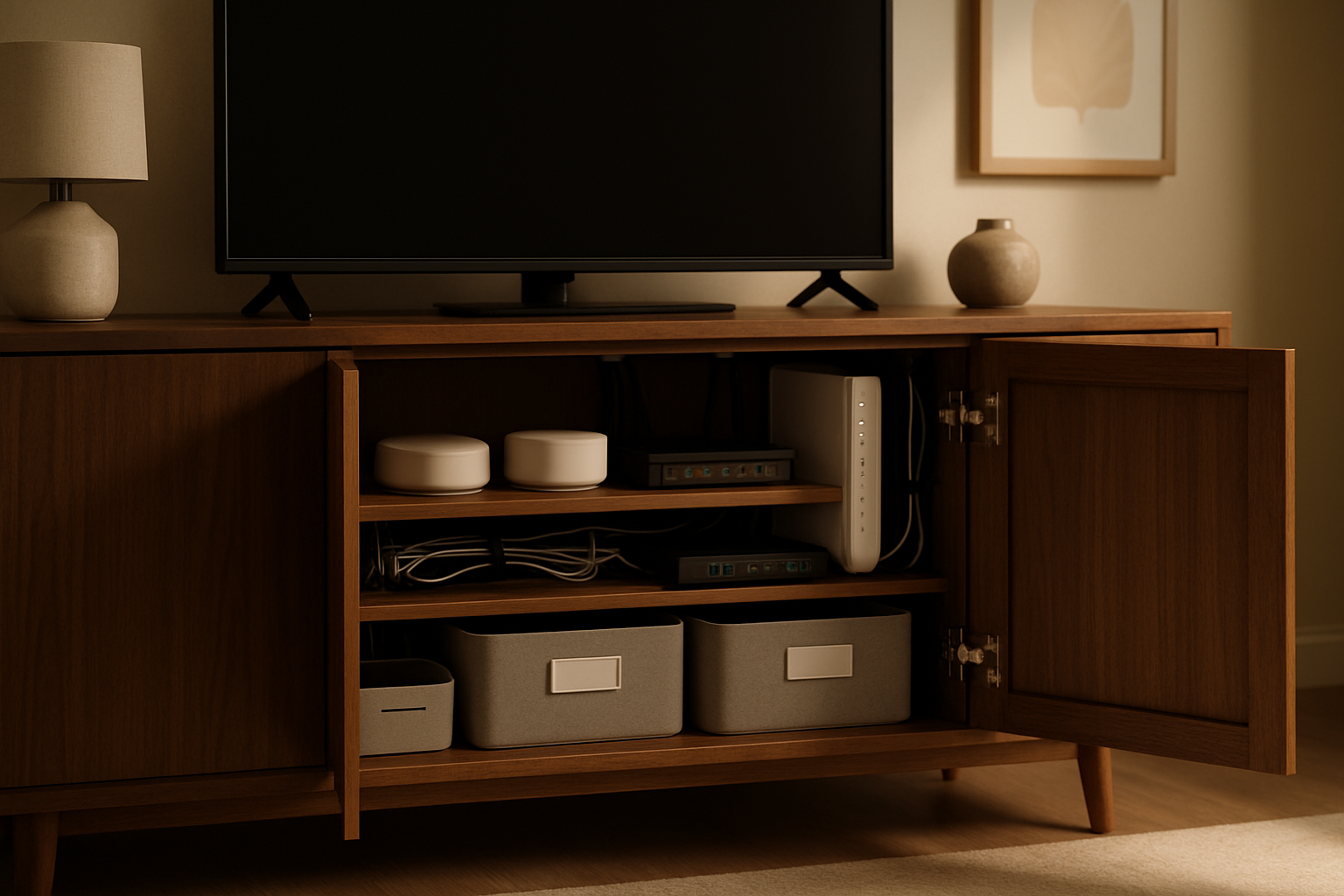 Featured image for How I Organized a Living Room Media Cabinet for Smart Home Hubs, Network Gear, and Zero Visible Cable Mess