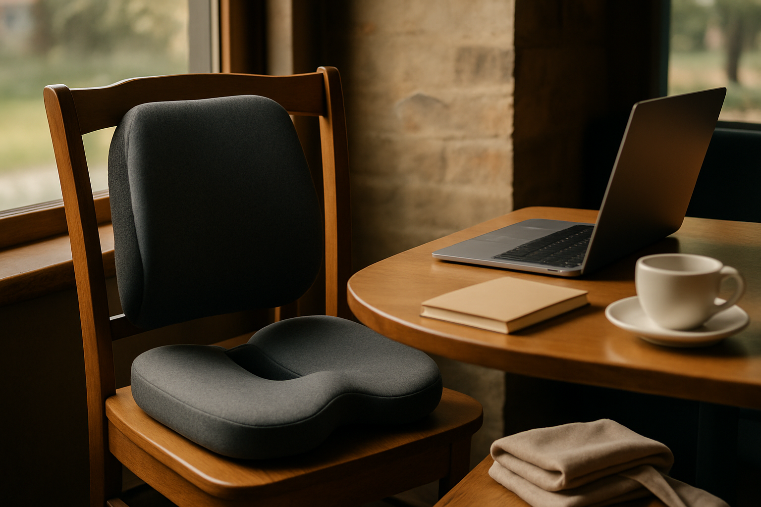 The portable seat cushions and back supports I actually use for long café days